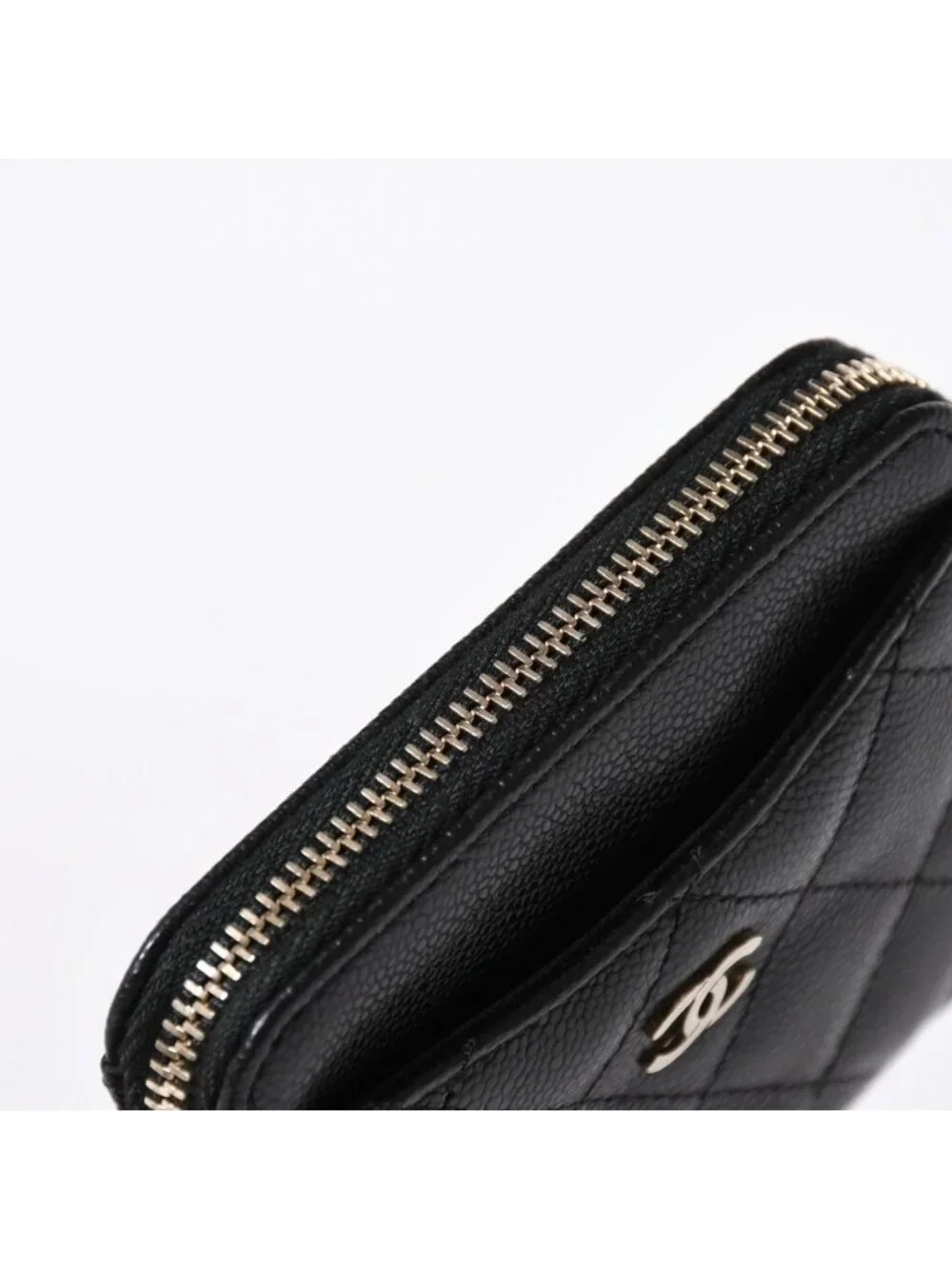 Chanel Classic Zip Coin Purse Stand CC Logo Caviar Leather Black Gold